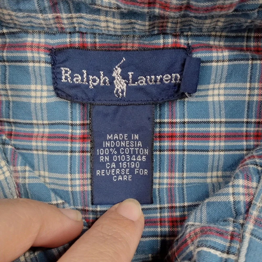 Ralph Lauren Shirt Boys Medium Blue Plaid Button Front Long Sleeve Cotton Casual